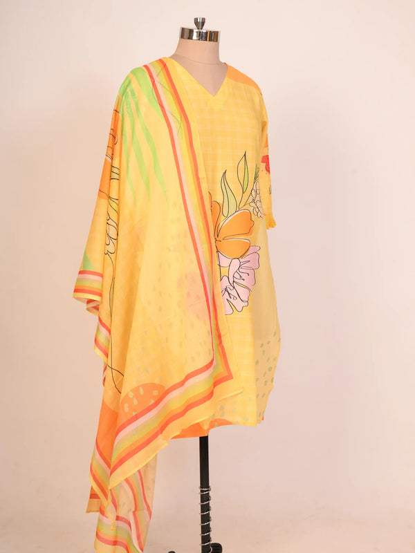 Yellow Cotton Floral Print Kurti Set